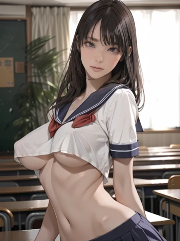 (8k,Photorealistic, masutepiece, Best Quality, Raw photo:1.3)、1girl in, 25years old,Solo,adult girl, Long hair, Brown hair, Detailed beautiful face, alluring face, (Detailed beautiful brown eyes:1.2), big breasts,(underboob:1.3),(coverd nipples:1.1),(loos school uniform :1.35), ( Perfect body skinny beauty: 1.4),( temptation Pose:1.3), (Looking at Viewer, front view,eyes focus:1.2), Detailed background, (sunset:1.2), classroom,fine detailed, intricate detailes,  Ray tracing, depth of fields, seductive smile,classroom,