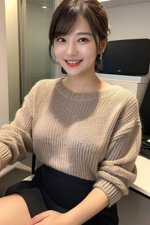 Masterpiece, photo quality, Japanese mature woman, fine eyes, fine facial expression, knitted V-shaped sweater, cotton tight skirt, (updo: 1.2), (smile: 1.4), bangs, (droopy eyes, gentle eyes: 1.3), beautiful skin-colored thighs, office, perfect lighting,