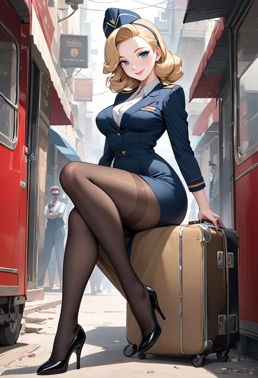 Nsfw,masterpiece, small head,1940s hairstyle, stunning teen blonde women with pale skin, blue eyes, smilling face, wearing red mini skirt, pantyhose ,red stilettos ,thick calves,thick legs , big ass. She is seducing me with her sexy legs on the bus.