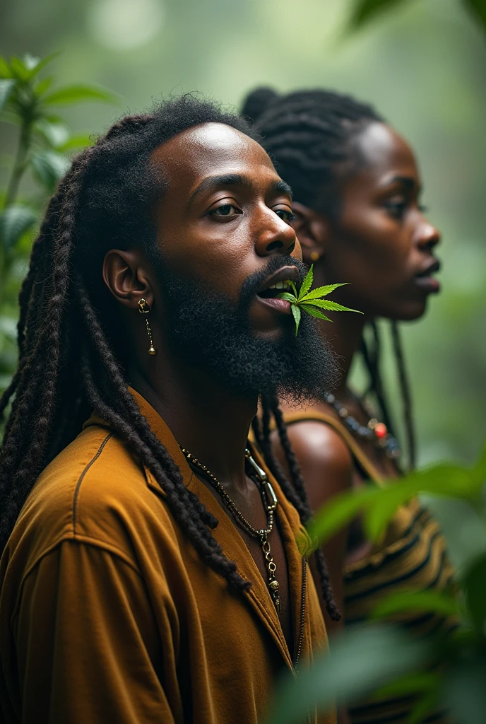 Two lesbian women ,with medium chest,a tropical garden with some marijuana plants,exuberante, wearing a dress in lgbt color,one with dred hair, with a close-up capturing everyone together smoking the joint, holding a cell phone A black colored gay men, white t-shirt with marijuana leaf with eye and mouth and green pants A white gay man ,with a formal t-shirt and jeans