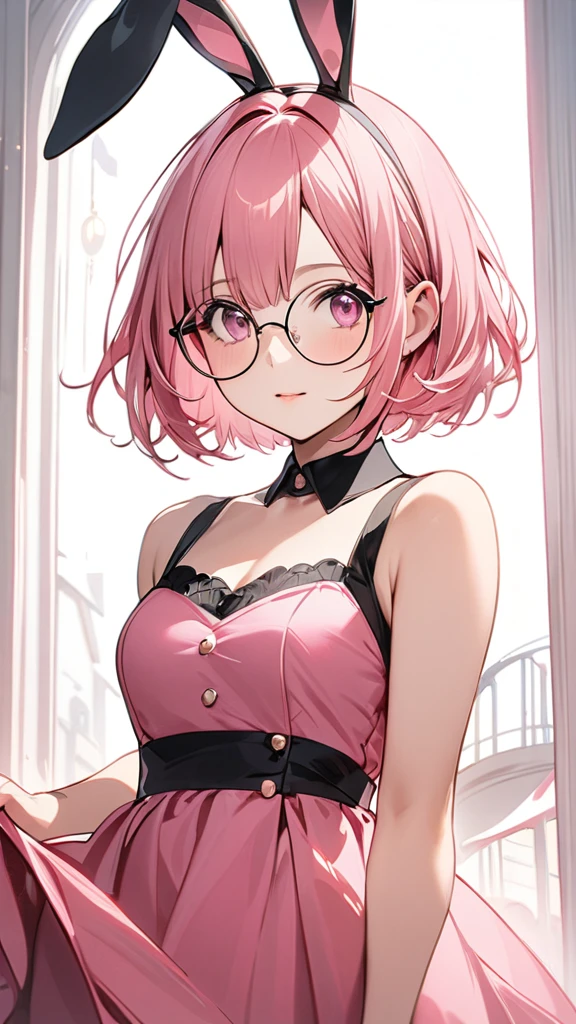 ((megami magazine:1.7)))　(((Milky pink short bob hair:1.2、thick red glasses with small frames:1、[elf ears:0.7]、magenta eyes:1.2)))(((２１age:1.4　university student　big breasts　adult women:1.4　beautiful　beautiful woman　Beauty　)))(((Harajuku fashion　gothic lolita)))