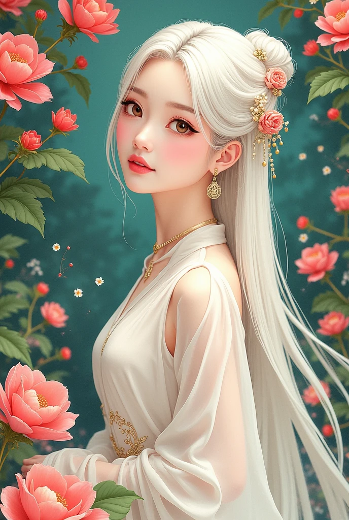 Masterpiece, highest quality, masterpiece, exquisite CG, under the peach blossom tree, petals falling, antique girl with white hair, delicate and intricate hair ornaments, hairpins, wearing gorgeous costumes, koi, heavy overlapping tops, highlight, absolutely beautiful, charming, half-body shooting, correct proportions, perfect, ultra-clear, 16k, HD