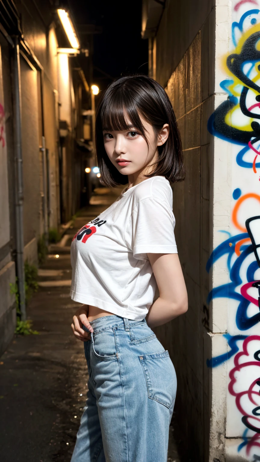 masterpiece, best quality, illustration, Super detailed, fine details, High resolution, 8K,wall paper, perfect dynamic composition,(Details High quality, realistic depiction of eyes:1.3), (Japanese girl standing in a dirty back alley at night, graffitied wall:1.1), (wearing a tattered and dirty t-shirt.:1.1), Wearing baggy pants, dirty body, short bob hair, black hair color, Big Natural Color Lip, seductive face, provocative look, crying a little、cold gaze, Harajuku style、(graffiti), night time, 20 year old girl、cute type、lolita, Gravure Idol, full body photo、focus on crotch, (huge breasts)