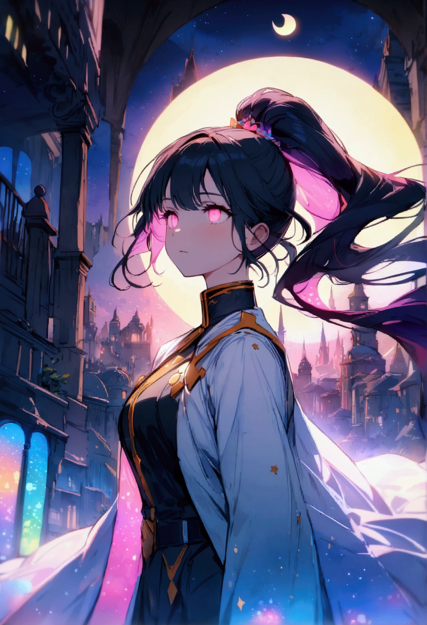 1Girl, long flowing hair, high ponytail, multi colored hair, floating city, glowing eyes, White jacket Uniform with zig zag line, expressionless , looking to the sky, colorful object on the sky, (dreamy:1.1), flowers bloom , glowing crystal jewelry, bubble reflection, crescent moon and stars, (masterpieces:1.3),(outdoor lighting:1.1),(dreamy:0.5),(sky paint:0.25),(chaotic:0.25) ,gloss:0.5,Active Effect