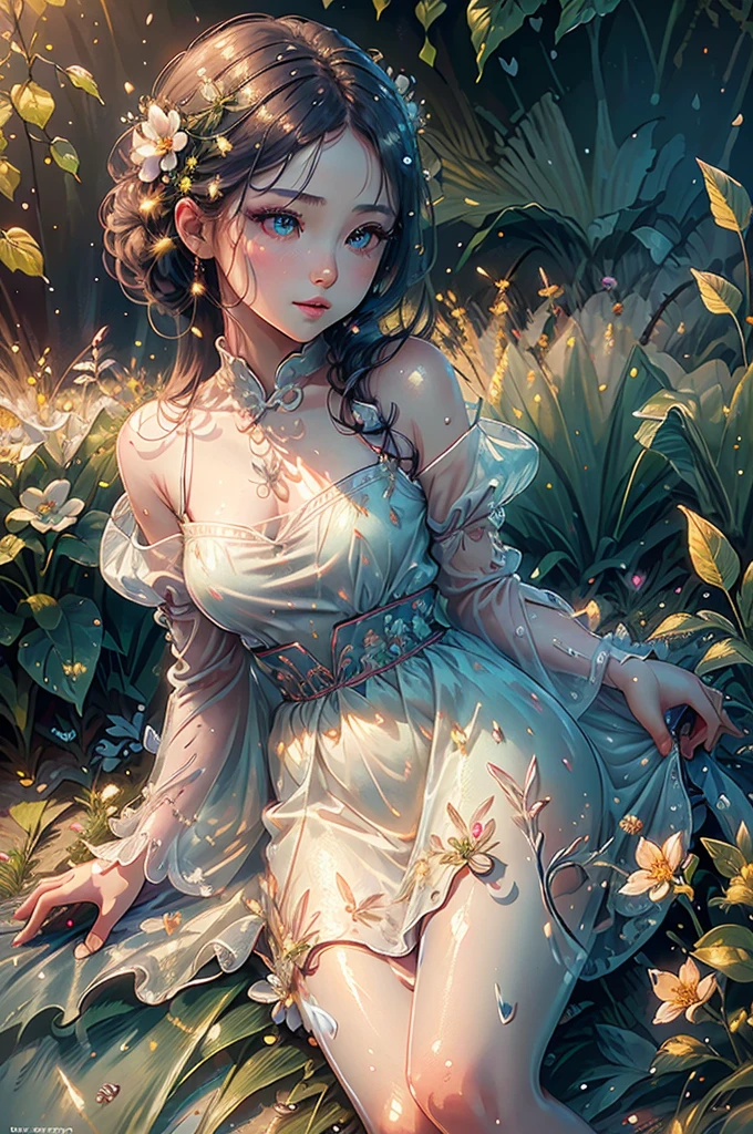 detailed illustration of a young girl in a summer morning garden with dew, white dew solar term, 8K quality, highly detailed, photorealistic, beautiful detailed eyes, beautiful detailed lips, extremely detailed face, long eyelashes, detailed dress, vibrant colors, warm lighting, natural scenery, lush greenery, flowers, morning dew on grass and leaves, serene atmosphere