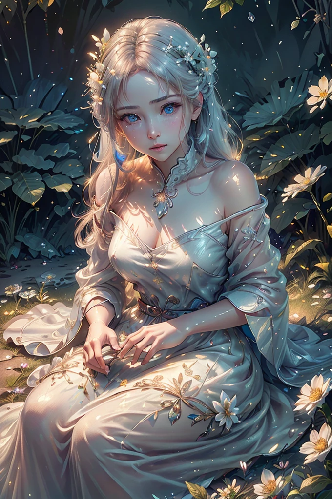 A girl in a summer morning, dew on the grass, White dew solar term, beautiful detailed eyes, beautiful detailed lips, extremely detailed face, longeyelashes, delicate features, serene expression, long flowing hair, elegant white dress, sitting in a field of flowers, sunlight streaming through the trees, vibrant colors, soft lighting, (best quality,4k,8k,highres,masterpiece:1.2),ultra-detailed,(realistic,photorealistic,photo-realistic:1.37),illustration,highly detailed,cinematic lighting,natural scenery,botanical garden