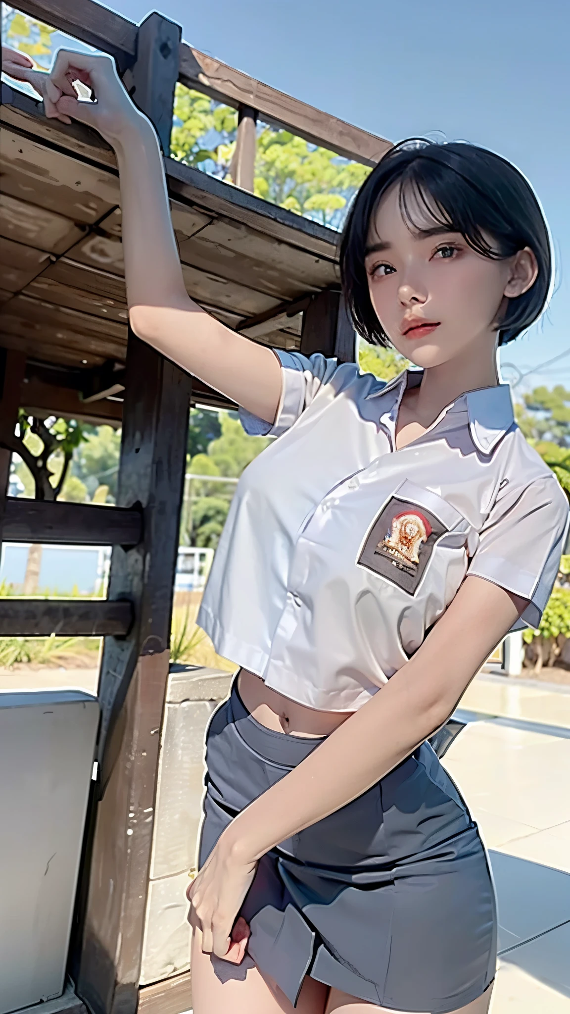 group of female with medium breasts show underboob (((wearing oversize vurious high cropwhite short sleeve button down shirt and grey skirt)) (((close up photo))) ,, detailed skin, ((asia white skin color)),detailed skin, Slim Waist, (((4K resolution))),((wearing a)) (((shorthair  BLACK hairstyle))) ((white skin)) ((extremely detailed face)) ((extremely detailed eyes)) ((bendover pose))) ((outdoor background at beach club with sunbed etc)) (((looked on camera))) look camera (()) ((sixpack woman)) ((model posture)), face, extremely detailed full body color photo of a 22 y.o girl, beautiful face, beautiful eyes, (()), (((perfect body proportional))), slim body, ((skin details, high texture)), ()), hand fix, finger fix, nails fix, realistic hand wrinkles, realistic eyes, octane render, simetris eyes
