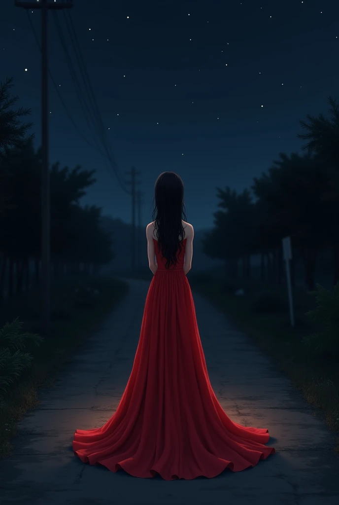 At night a girl wearing red full gown is waiting for someone 