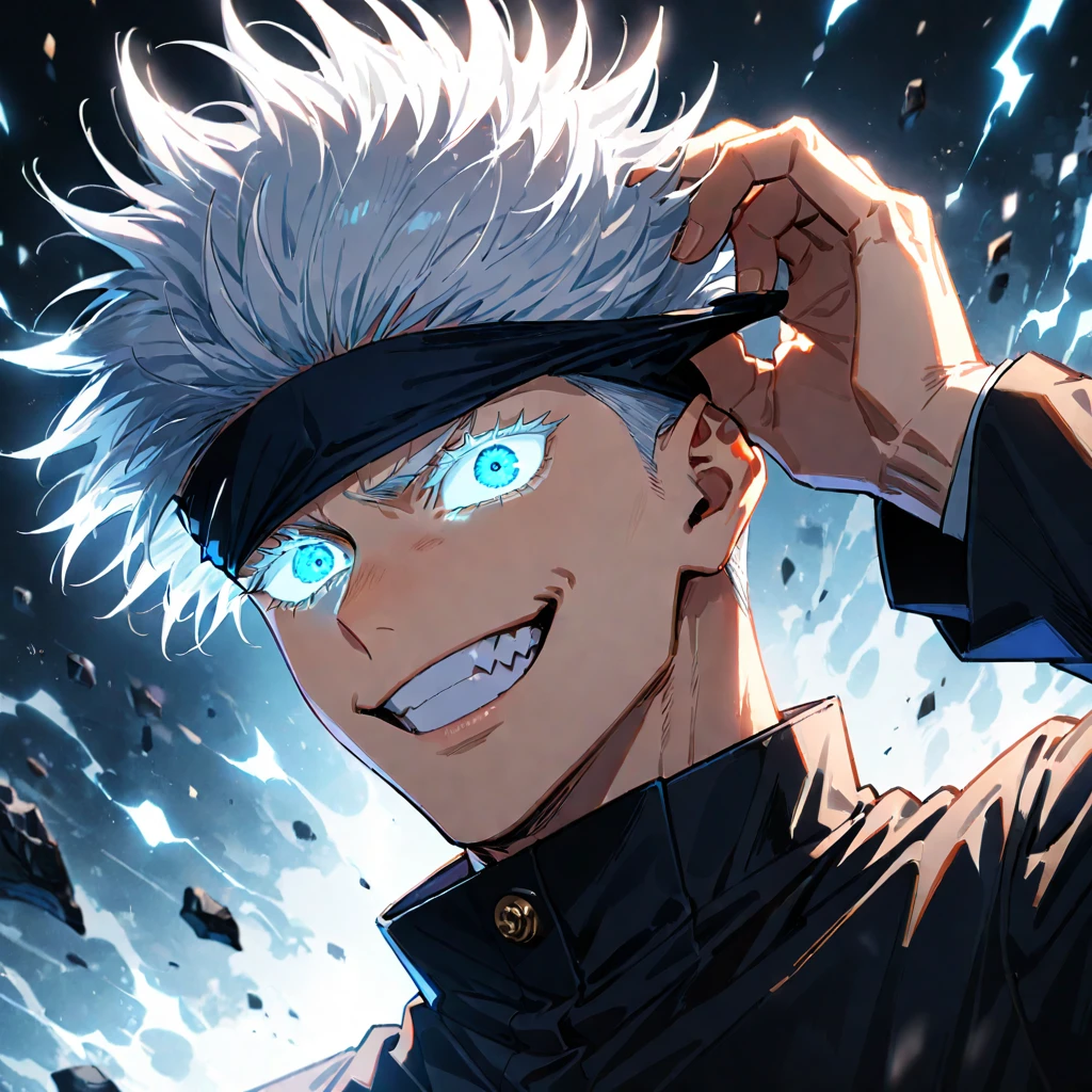1boy, male focus, gojou satoru, jujutsu kaisen, black jacket, blindfold lift, blue eyes, glowing, glowing eyes, high collar, jacket, jujutsu tech uniform, solo, grin, white hair, masterpiece, best quality, very aesthetic, absurdres, ((medium quality)), ((medium quality))