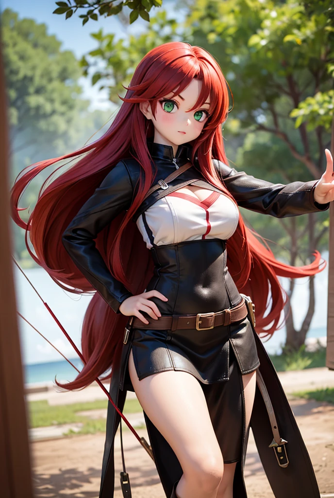 Tall woman, long bright red hair, curly, anime style, gentle smile, gray cloth leggings, hiking boots, burgundy crop top, leather chest armor, exposed cleavage and midriff, standing, lilac anime eyes, backpack