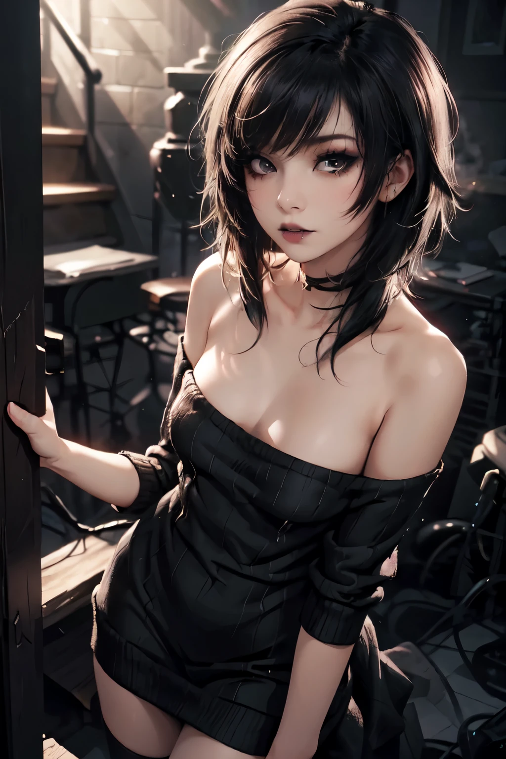 Girl, woman, emo_hairstyle, black lipstick, dog collar, eyeliner, eye shadow, smoky eyes, realistic lighting, short hair, cleavage, midriff sweater, short top, standing up, off shoulder, strapless, shiny skin, arched back.