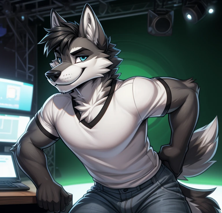 Best quality, Super detailed illustration, cartoon illustration, a furry male wolf, male, detailed face and body, sharp slick black colored short hair, gray and white fur, two-tone dark gray fur, gray and white two-toned colored wolf tail, white short sleeve shirt, blue pants, evil smile, beautifully detailed eyes, against the background of a green screen inside of a studio, retrowave, skinny, beautiful style