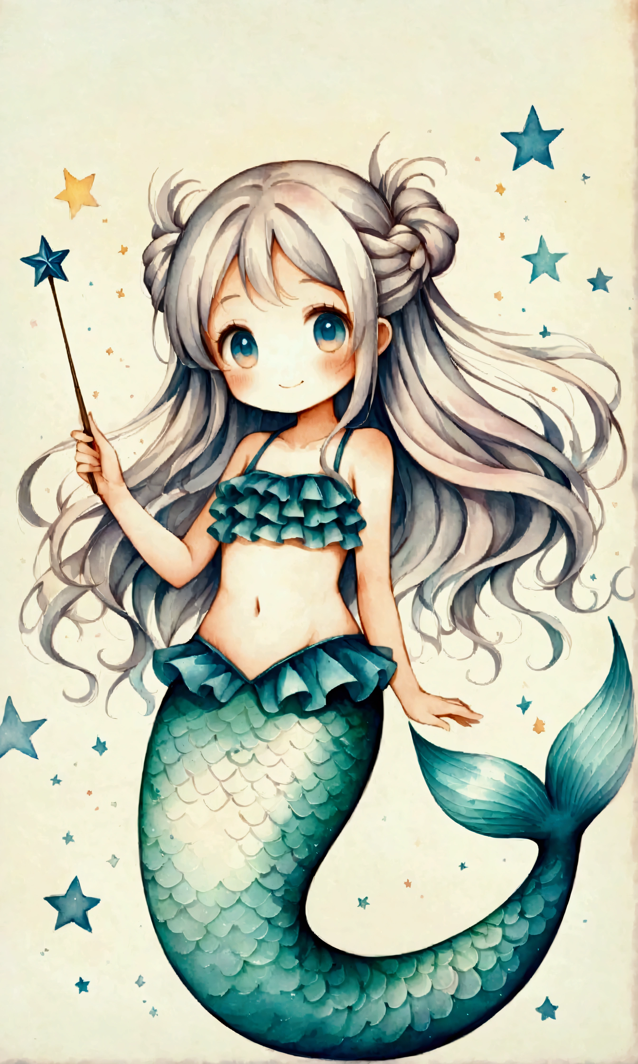 Illustration,(Cute Mermaid:20 years old:Long Hair:Braiding:Two knots:Ruffled swimsuit:Magic wand:Smiling Kindly),Cute Illustration,Surreal,Artwork,Expressive,It&#39;s an illustration like a picture book..,draw with thick lines,Please draw with a gentle touch.,Drawing with pencil and watercolor,Gabriel Pacheco Style Page,Anatomically correct,Perfect Anatomy,Structurally correct,Optimal Configuration,Drawing every detail carefully,break,(Mermaids have light blue or silver hair.,She has a blue star in her hair),break,(The mermaid swimsuit uses a lot of mermaid blue frills.)