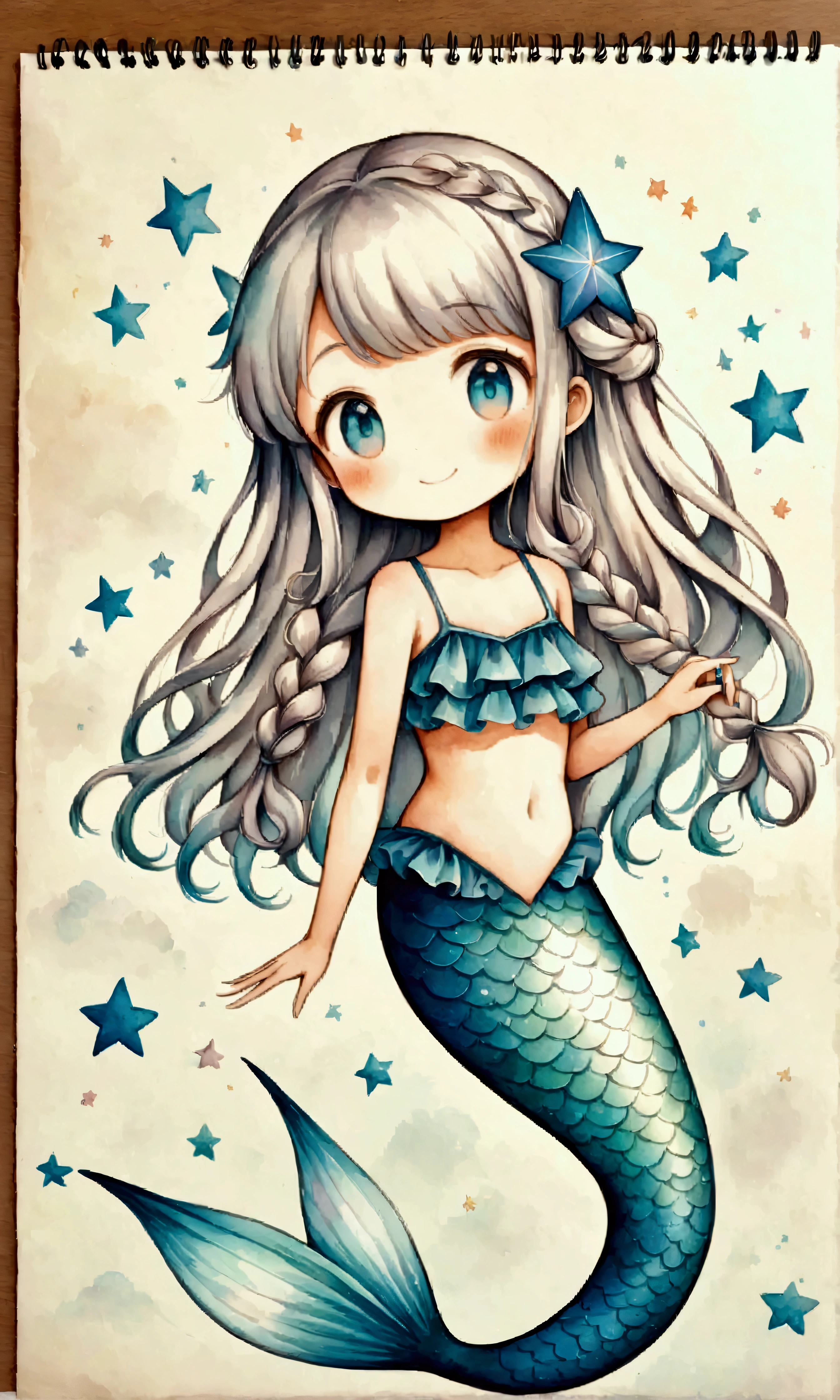 Illustration,(Cute Mermaid:20 years old:Long Hair:Braiding:Two knots:Ruffled swimsuit:Magic wand:Smiling Kindly),Cute Illustration,Surreal,Artwork,Expressive,It&#39;s an illustration like a picture book..,draw with thick lines,Please draw with a gentle touch.,Drawing with pencil and watercolor,Gabriel Pacheco Style Page,Anatomically correct,Perfect Anatomy,Structurally correct,Optimal Configuration,Drawing every detail carefully,break,(Mermaids have light blue or silver hair.,She has a blue star in her hair),break,(The mermaid swimsuit uses a lot of mermaid blue frills.)