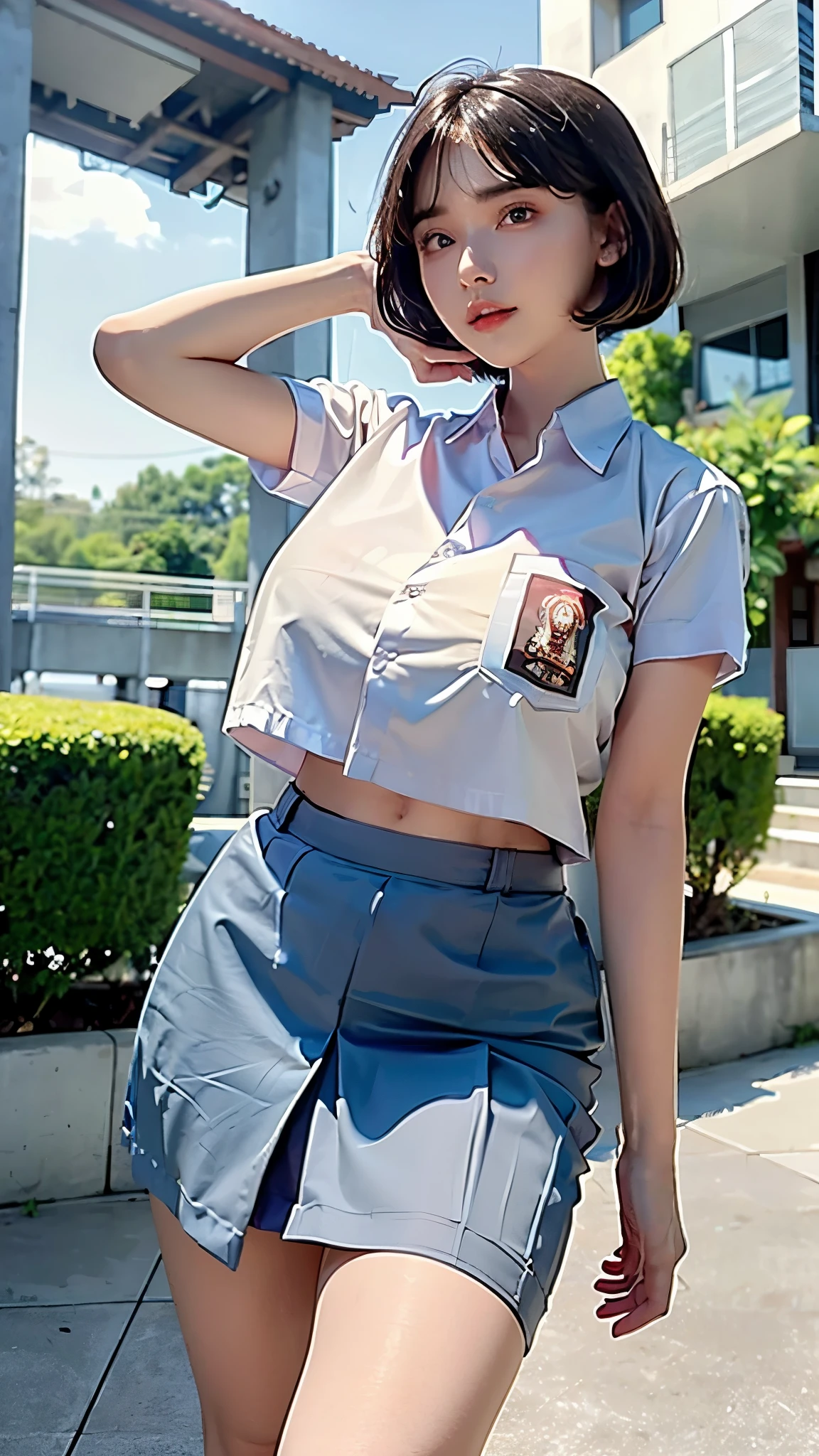 group of female with medium breasts show underboob (((wearing oversize vurious high cropwhite short sleeve button down shirt and grey skirt)) (((close up photo))) ,, detailed skin, ((asia white skin color)),detailed skin, Slim Waist, (((4K resolution))),((wearing a)) (((shorthair  BLACK hairstyle))) ((white skin)) ((extremely detailed face)) ((extremely detailed eyes)) ((walk pose))) ((outdoor background at urban life at jakarta indonesia)) (((looked on camera))) look camera (()) ((sixpack woman)) ((model posture)), face, extremely detailed full body color photo of a 22 y.o girl, beautiful face, beautiful eyes, (()), (((perfect body proportional))), slim body, ((skin details, high texture)), ()), hand fix, finger fix, nails fix, realistic hand wrinkles, realistic eyes, octane render, simetris eyes
