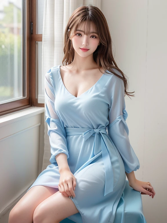 Photo-realistic quality、There is a woman sitting in a chair wearing a pale gray-pink dress., Beautiful Japanese Model、Lovely女性, satin, Lace dress,V-shaped clothing with an open neckline, ,Sexy dress, pastel pink robes, Lovely, Thin dress, looking at the camera、Detailed and beautiful eyes、Cute smile、A soft and gentle look