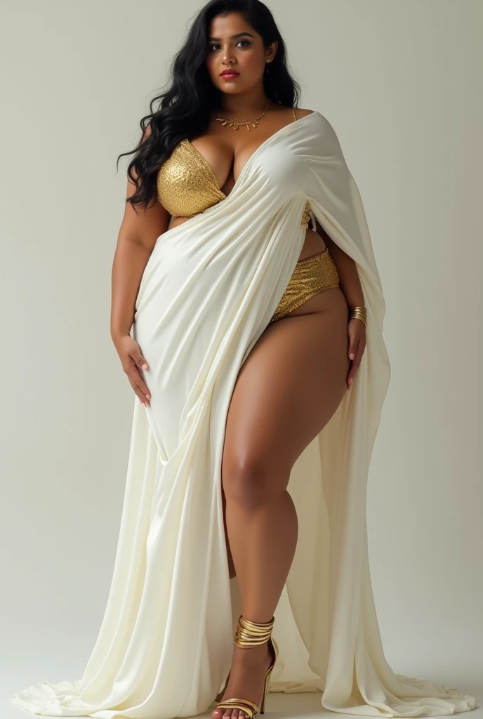 Afrodita , cuerpo completo potrait of a photorealistic beautiful seductress, pelo despeinado, in a greek garden, exotic white and gold vilain dress, Colar estilo gargantilla, ojos de colores brillantes, cuerpo completo, dark fantasy, flores, rayos de sol, nublado