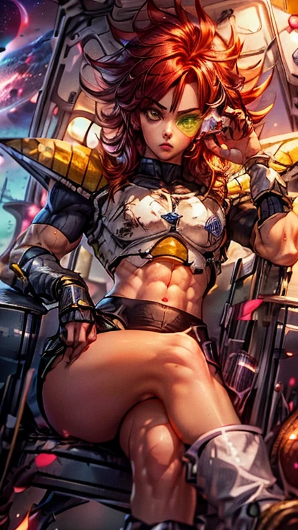 A red head girl with green eyes, spikey hair , raising right eyebrow, eyeliner, beautiful eyebrows, lip filler, eyelashes, tinted eyewear, saiyan Scouter, saiyan armor, muscular body, frieza spaceship, full body shot, crop top, sitting on chair, hand on face