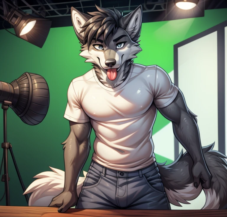 Best quality, Super detailed illustration, cartoon illustration, a furry male wolf, male, detailed face and body, sharp slick black colored short hair, gray and white fur, two-tone dark gray fur, gray and white two-toned colored wolf tail, white short sleeve shirt, blue pants, evil smile, beautifully detailed eyes, staring at you, slimy tongue sticking out, against the background of a green screen inside of a studio, retrowave, skinny, beautiful style