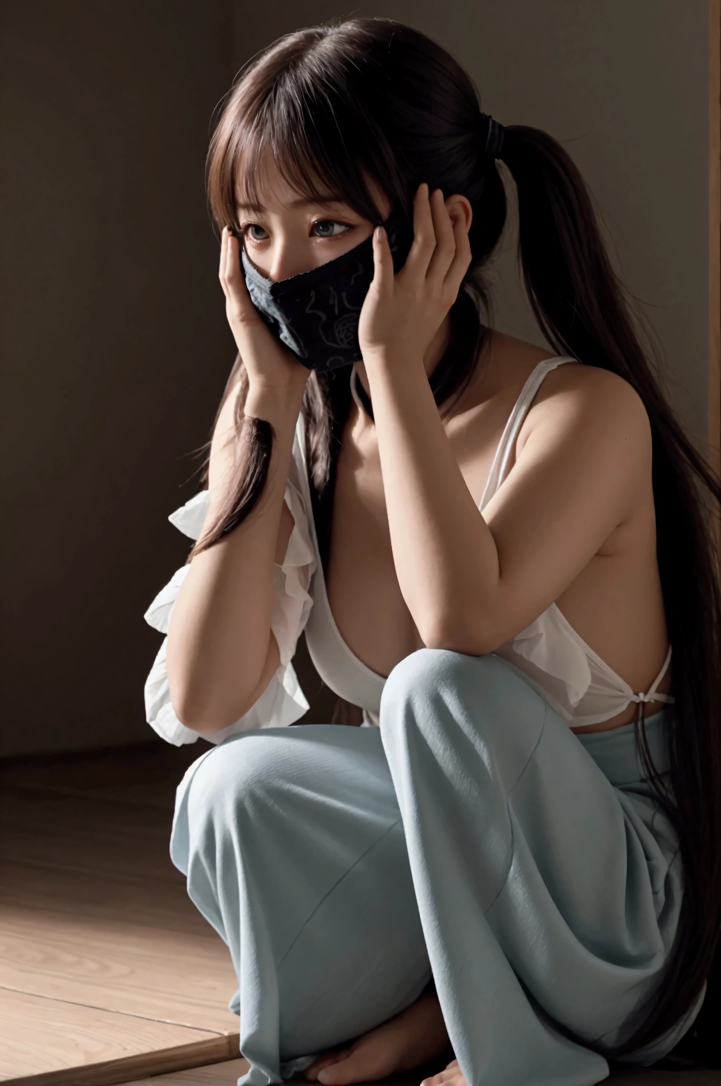 A woman crouching down and covering her face with her hands、Twin tail hair、A beautiful butterfly flutters its wings、darkness、a ray of light