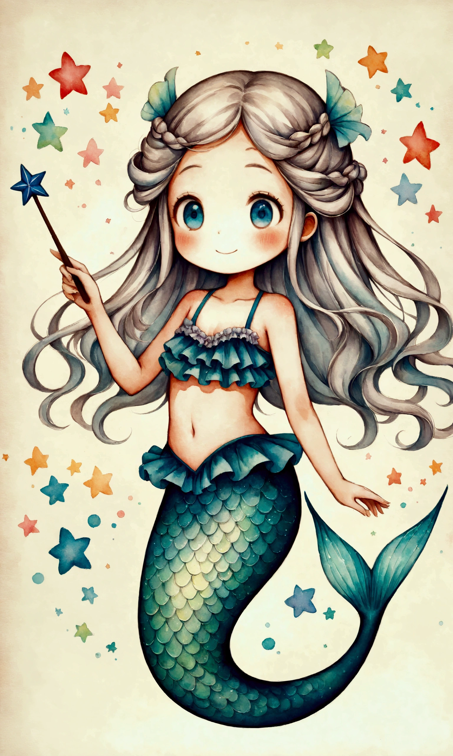 Illustration,(Cute Mermaid:20 years old:Long Hair:Braiding:Two knots:Ruffled swimsuit:Magic wand:Smiling Kindly),Cute Illustration,Surreal,Artwork,Expressive,It&#39;s an illustration like a picture book..,draw with thick lines,Please draw with a gentle touch.,Drawing with pencil and watercolor,Gabriel Pacheco Style Page,Anatomically correct,Perfect Anatomy,Structurally correct,Optimal Configuration,Drawing every detail carefully,break,(Mermaids have light blue or silver hair.,She has a blue star in her hair),break,(The mermaid swimsuit uses a lot of mermaid blue frills.)