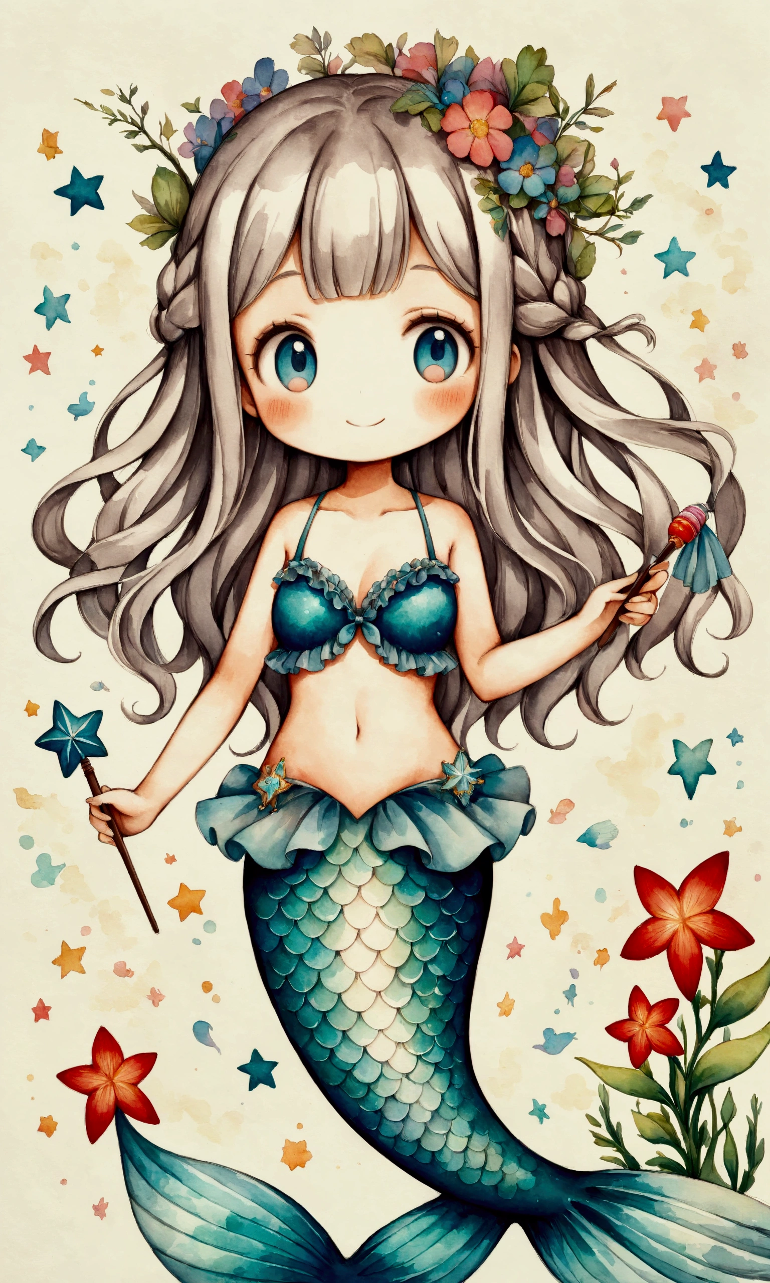 Illustration,(Cute Mermaid:20 years old:Long Hair:Braiding:Two knots:Ruffled swimsuit:Magic wand:Smiling Kindly),Cute Illustration,Surreal,Artwork,Expressive,It&#39;s an illustration like a picture book..,draw with thick lines,Please draw with a gentle touch.,Drawing with pencil and watercolor,Gabriel Pacheco Style Page,Anatomically correct,Perfect Anatomy,Structurally correct,Optimal Configuration,Drawing every detail carefully,break,(Mermaids have light blue or silver hair.,She has a blue star in her hair),break,(The mermaid swimsuit uses a lot of mermaid blue frills.)