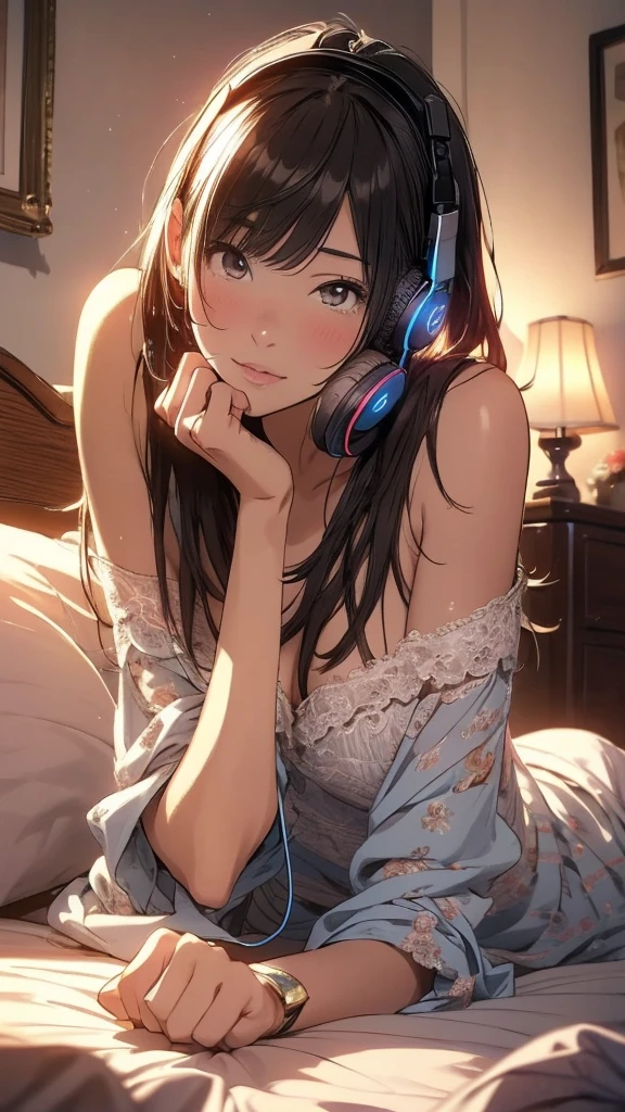 1 female, 20 years old, alone, (with background: living room, gentle light), headphones, ponytail, straight hair, bangs, jersey, thin, big breasts, looking at the viewer, studying while listening to music ((Masterpiece), (Very detailed CG Unity 8k wallpaper), Top quality, Cinematic lighting, Detailed background, (Very elegant and beautiful), (Beautiful and delicate depiction of eyes), Super Detailed, masterpiece)), high resolution, super detailed), (wearing: headphones,)