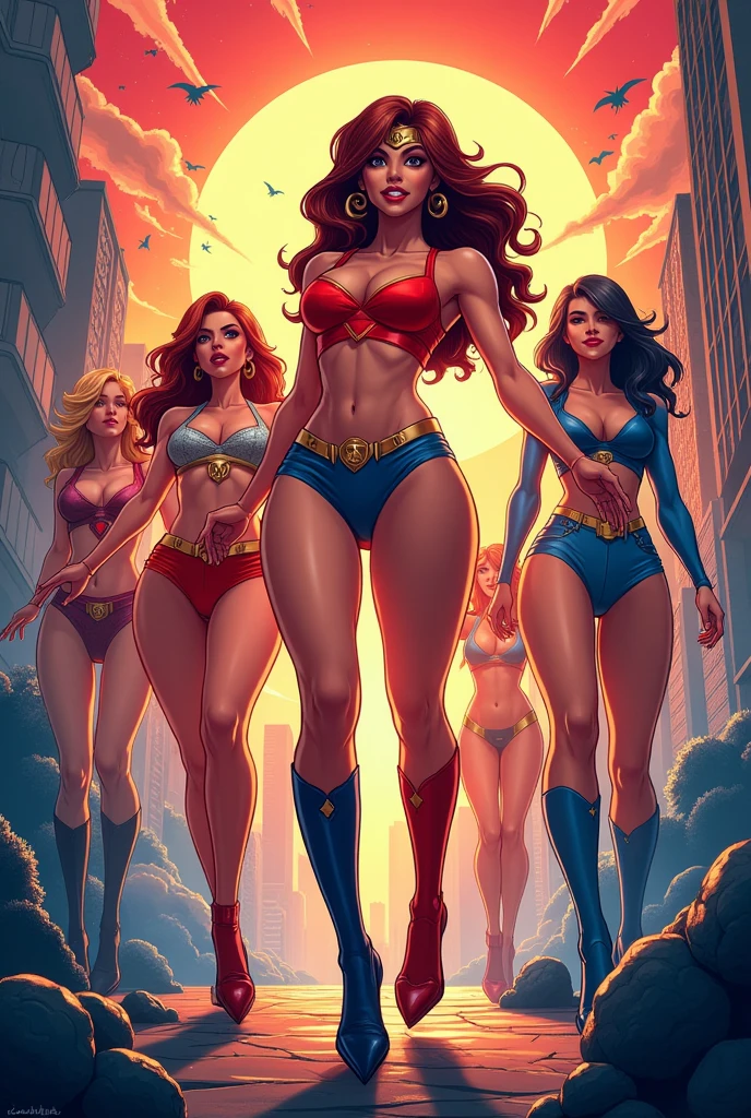((Full body photo, standing, feet on the floor)) score_9, score_8_up, score_7_up, score_6_up, 3girls, harley quinn (colored hair, supergirl back, thigh-high gladiator sandals, belly button :1.1) (black hair, back Supergirl, thigh-high gladiator sandals, navel :1.1) . Wonder Woman (black hair, back to Supergirl, thigh-high gladiator sandal boots, level:1.1) and Supergirl (blonde hair, mid-thigh-high gladiator sandals, level:1.3), elegant hotel suite, lovers , in love, lying on a large, luxurious bed, kissing, groping, (cinematic lighting:1.2),, (sunset:1.2).