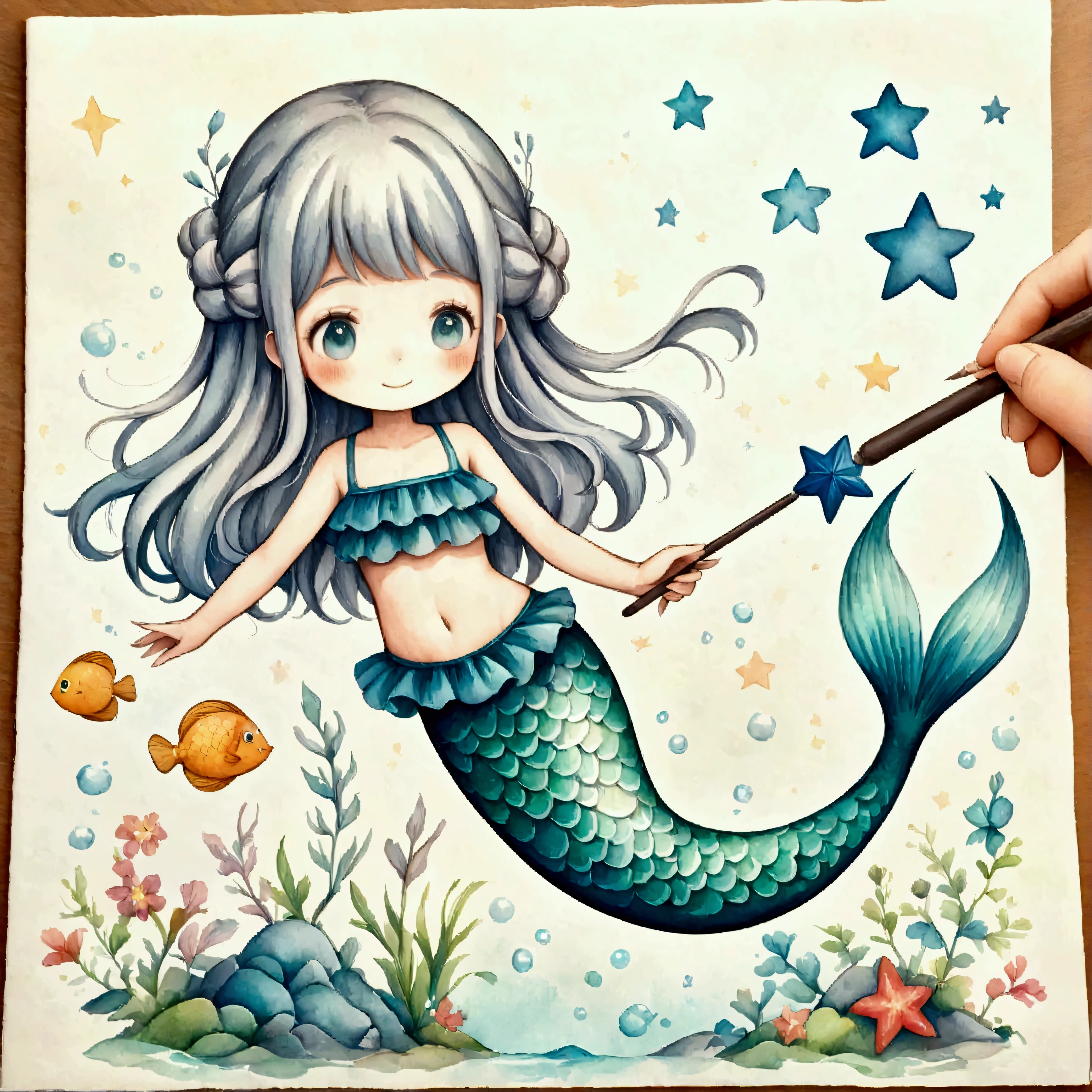 Illustration,(Cute Mermaid:20 years old:Long Hair:Braiding:Two knots:Ruffled swimsuit:Magic wand:Smiling Kindly),Cute Illustration,Surreal,Artwork,Expressive,It&#39;s an illustration like a picture book..,draw with thick lines,Please draw with a gentle touch.,Drawing with pencil and watercolor,Gabriel Pacheco Style Page,Anatomically correct,Perfect Anatomy,Structurally correct,Optimal Configuration,Drawing every detail carefully,break,(Mermaids have light blue or silver hair.,She has a blue star in her hair),break,(The mermaid swimsuit uses a lot of mermaid blue frills.)