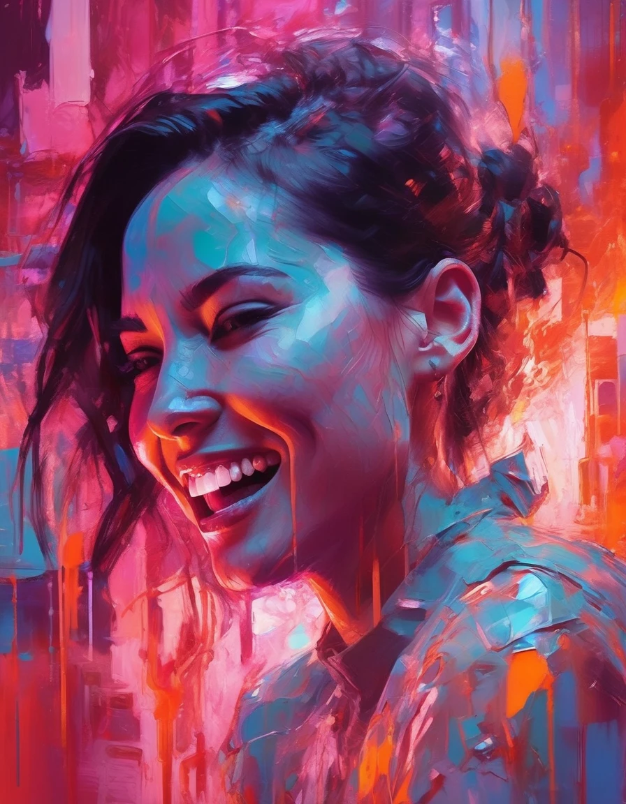 ((olvmnnpsy woman, laughing)), art: Henry Asencio, close-up, lava lamp captured in ultra-realistic style, posing in the undulating glow of a neon atmosphere reminiscent of Syd Mead's futuristic aesthetic, the lava inside the lamp seamlessly morphs, soft focus background, neon glow, digital painting, dramatic lighting , artstation trend, sharp focus, studio photo, intricate details, high detail,