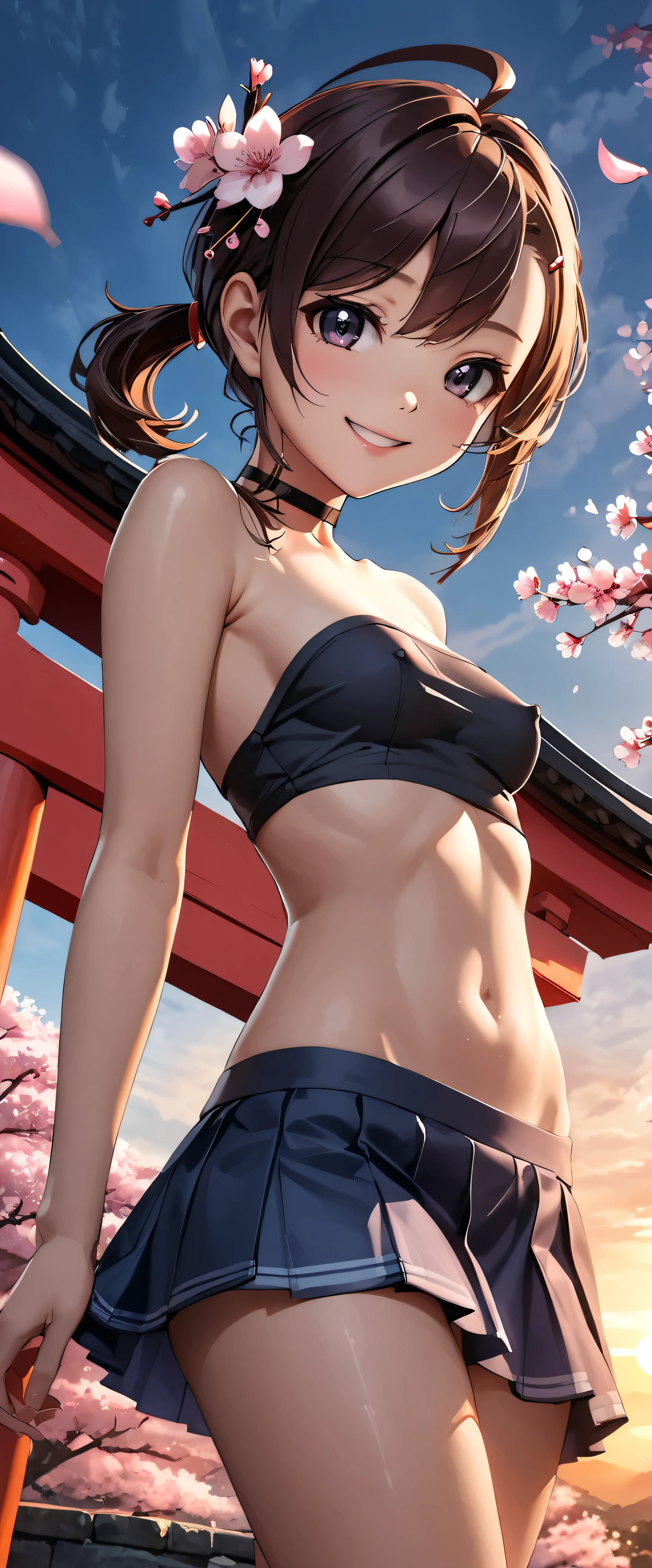 Highest quality, Ultra-high resolution, (Realistic:1.4), One person, nude, Small breasts,Covered nipples, Black choker, smile, Exposing shoulders, Focus Only, View your viewers,Fair skin,sunset,cherry blossoms,Photon Mapping, Physically Based Rendering, RAW Photos, Highly detailed background,K-Pop Idols,Depth of written boundary,torii,cherry blossoms,Hair accessories,Detailed face,Glowing Skin,Game CG,whole body, mini skirt,Tube tops,Angle from directly below,Legs wide open,Beautiful ponytail