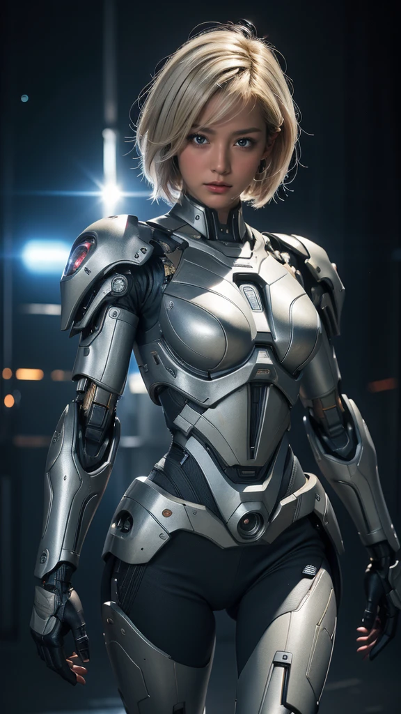 Photorealistic, a woman in a black (cyborg suit:1.55), stylish pose, in a cyberpunk garage bustling with neon signs, (standing) (facing the viewer:1.2), blonde hair, short hair, cyborg, robotic parts, beautiful detailed body and face, (looking at the left side:1.3), sakimichan hdri, amouranth, a beautiful detailed orisha, 2049, chiaki nanami, afrofuturist, made in maya, sam yang, 2070, cyborg, robotic parts, 150 mm, beautiful soft light studio, rim light, vibrant details, cyberpunk luxury, lace, hyperrealistic, anatomical, facial muscles, cables electrical wires, microchip, elegant, beautiful background, render octane, 8k, best quality, masterpiece, illustration, an extremely delicate and beautiful, extremely detailed, CG, unit, wallpaper, (realistic, photo-realistic: 1.37), amazing, fine details, masterpiece, best quality, official art, extremely detailed CG unit 8k wallpaper, absurd, incredibly absurd, robot, halmet silver, full body, (nsfw: 1.2), night