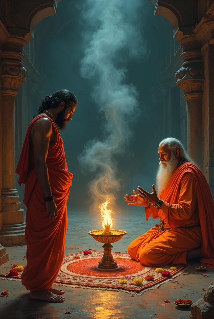In indian cali temple,mature ladies with rapunzel hairs worshipoing with hair bath as per inmage prompt