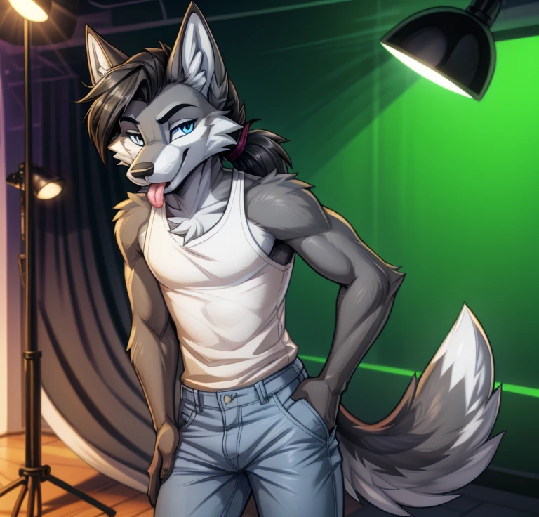 Best quality, Super detailed illustration, cartoon illustration, a furry male wolf, male, detailed face and body, sharp slick black colored low ponytail hair, gray and white fur, two-tone dark gray fur, gray and white two-toned colored wolf tail, white short sleeve shirt, blue pants, evil smile, beautifully detailed eyes, staring at you, slimy tongue sticking out, against the background of a green screen inside of a studio, retrowave, skinny, beautiful style