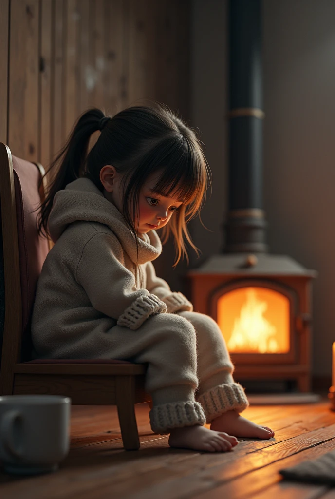 A of about 6 years old, blonde and blue-eyed, abused and poorly cared for in a cold corner, while watching two little girls in front of the fireplace playing with dolls and well groomed. They are the characters from the book Les Misérables