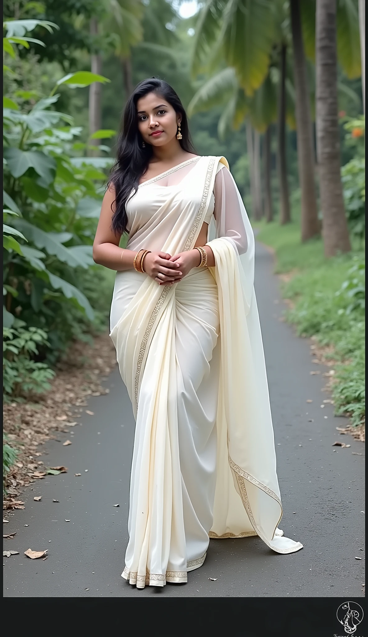 photography photo of a dark skinned South Indian woman, (saree:1.2), ramp walking on an outdoor stage by a lake, full body, rim lighting, eye level, uhd, day scene , (thick pubic bush:1.2), (on-off:1.2)