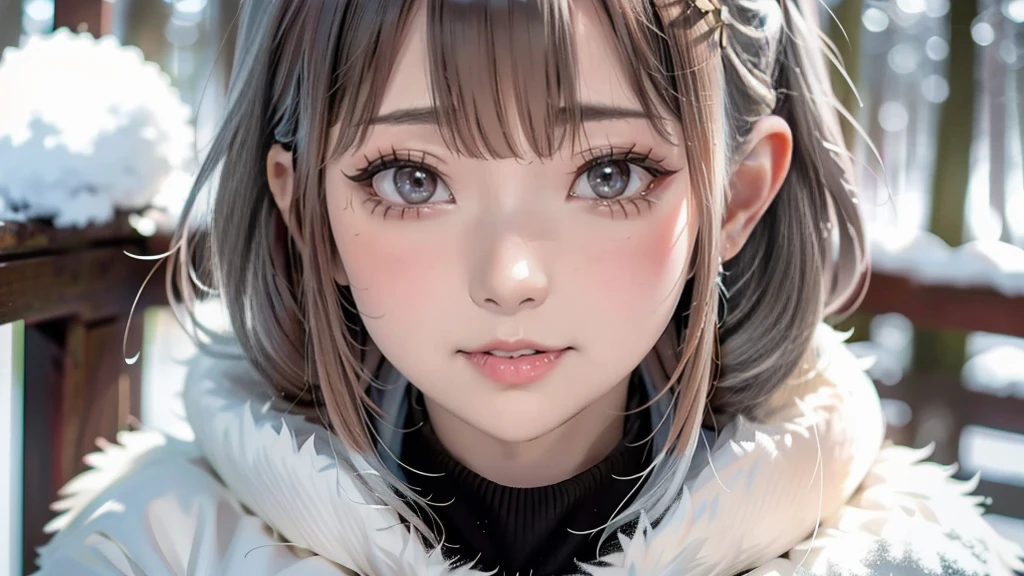 in the snowy forest, japanese girl, knit sweater, snowing,pupils sparkling, silver short hair, realistic Portrait, depth of field, f/1.8, anatomically correct, textured skin, super detail, high details, high quality, super detail, high details, high quality, best quality, highres