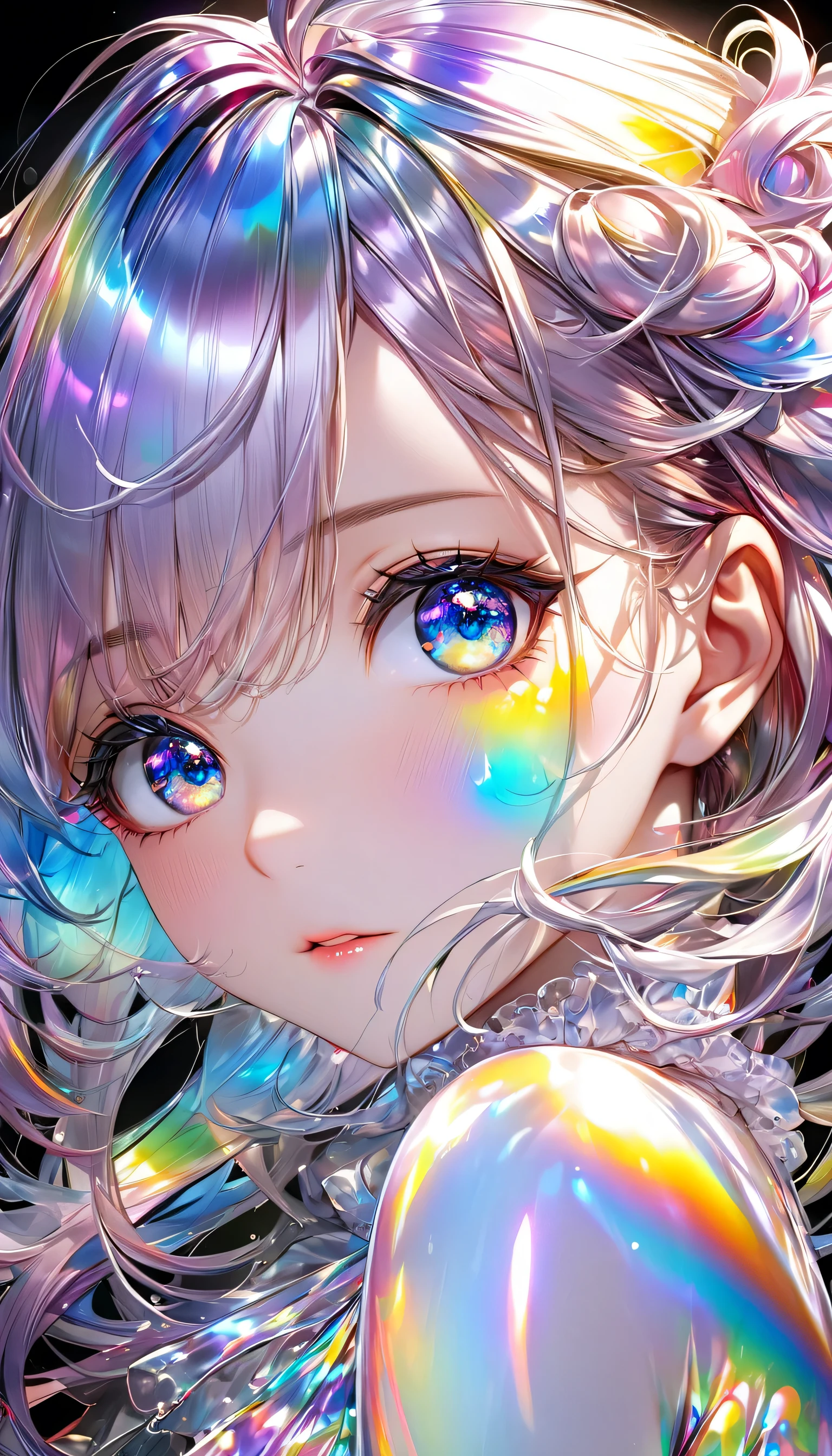 (8K, best quality, master piece: 1.2), super high resolution,1 girl,独奏,17yo,ultra-detailed face,detailed eyes,(silver eyes),blunt bangs,((rainbow hair)),Straight Hair,Long Hair,long sleeve petal collar blouse,white Fascinator,corset skirt,expressionless,lash extension,Small mouth,Behind her is a bookshelf,Cowboy Shot,Rim Light,library