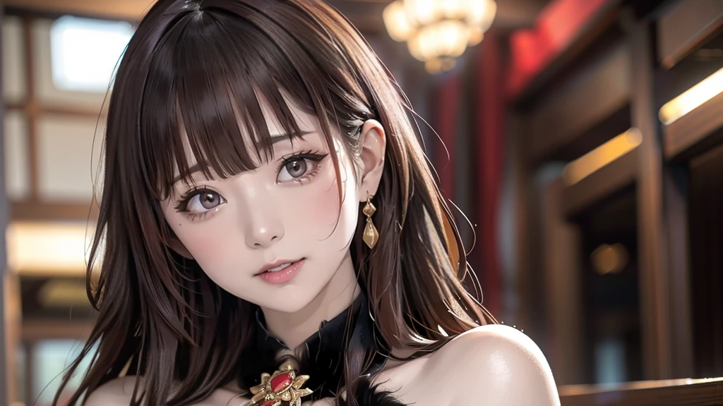 best quality, super fine, 16k, RAW photo, photorealistic, incredibly absurdres, extremely detailed, delicate, flashy and dynamic depiction, beautiful woman like Reiji Matsumoto draws, intelligent cool beauty, excited look, glossy light brown hair, beautiful bright sharp eyes, glossy red lips, wearing black elegant fur dress, superlative body proportion, background simple portrait