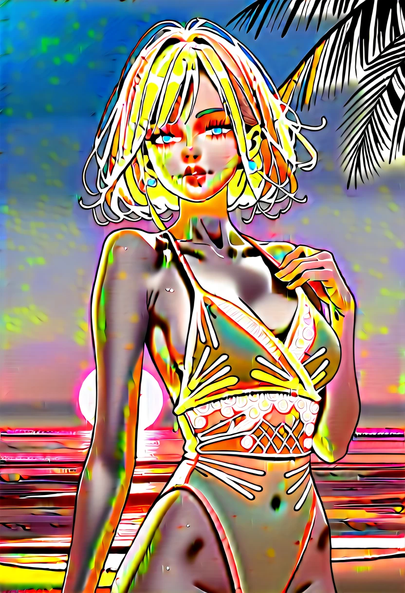 Life-size adult woman, white hair color, Blue Stripes, Full Height, Bright Eyes, smile, mouth, lips, transparent, Hand holding railing, Ahegao frown, ((Sexy Bikini)), Perfect belly , Narrow waist, Large Breasts, White skin color,over1000favorite-quality ,Shiny Hair, Shiny skin, Shining Cut,Thick legs, Thick thighs, bangs, Lace Wire Bra, Side Lock, Mountain, Yellow tree leaves, Background view, On the water, sunset, Ocean, water wave, Ultra detailed water, Sunlight illumination, Beautiful afternoon, cloud, Wind in my hair, Leaves flutter, Environment details, More vibrant colors, Saturation effect