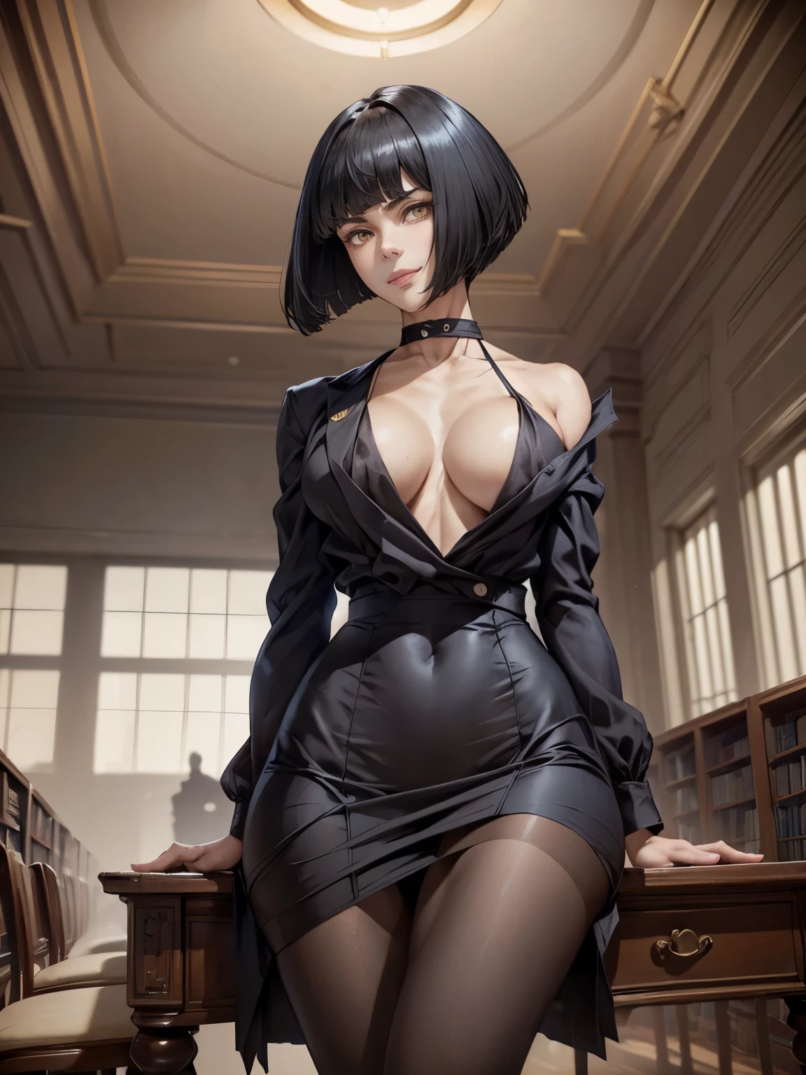 very young slim fit girl, full body shot, rounded face, very short dark blue hair, (disheveled hair:1.3), big yellow eyes, shy smile, perfect medium breast, look at you, (ahoge:1.2), megane, sashagrey, accurate small snub nose, 16k, masterpiece, realistic style, perfect fingers, school library interior