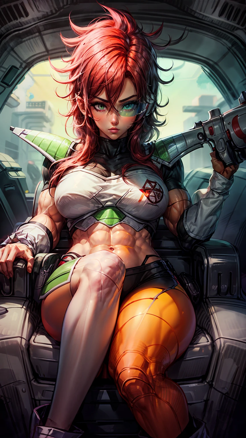 A red head girl with green eyes, spikey hair , raising right eyebrow, eyeliner, beautiful eyebrows, lip filler, eyelashes, tinted eyewear, saiyan Scouter, saiyan armor, muscular body, frieza spaceship, full body shot, crop top, sitting on chair, hand on face, detailed eyes, perfect face, high quality, UHD, holding a gun 