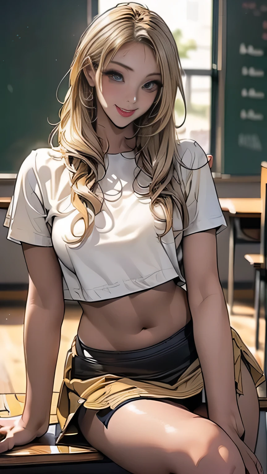 (Sexy smile:1.4),(Dark Skin:1.8),(One sexy blonde student:1.8),(Compensate:1,(Red false eyelashes),Beautiful breasts、(Look at this:1.5),(Shaggy cut hairstyles for brown hair),((One Woman)),((Detailed eyes)),((mini skirt)),Bare legs