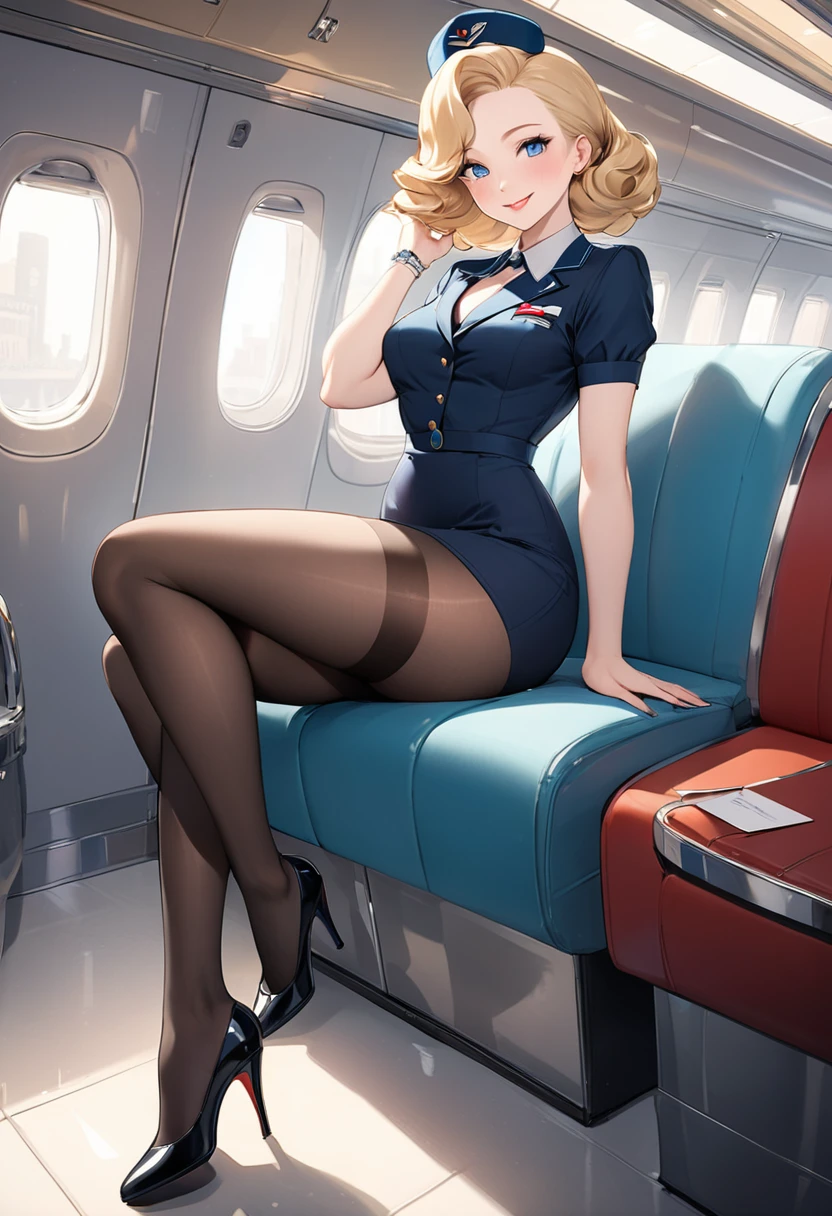 two flight attendant in stockings, garter-belt, red and blue uniform, high heels shoes, showing shaved cunt, naked skin, best quality, ((masterpiece)), (Details:1.4), front face, 8k