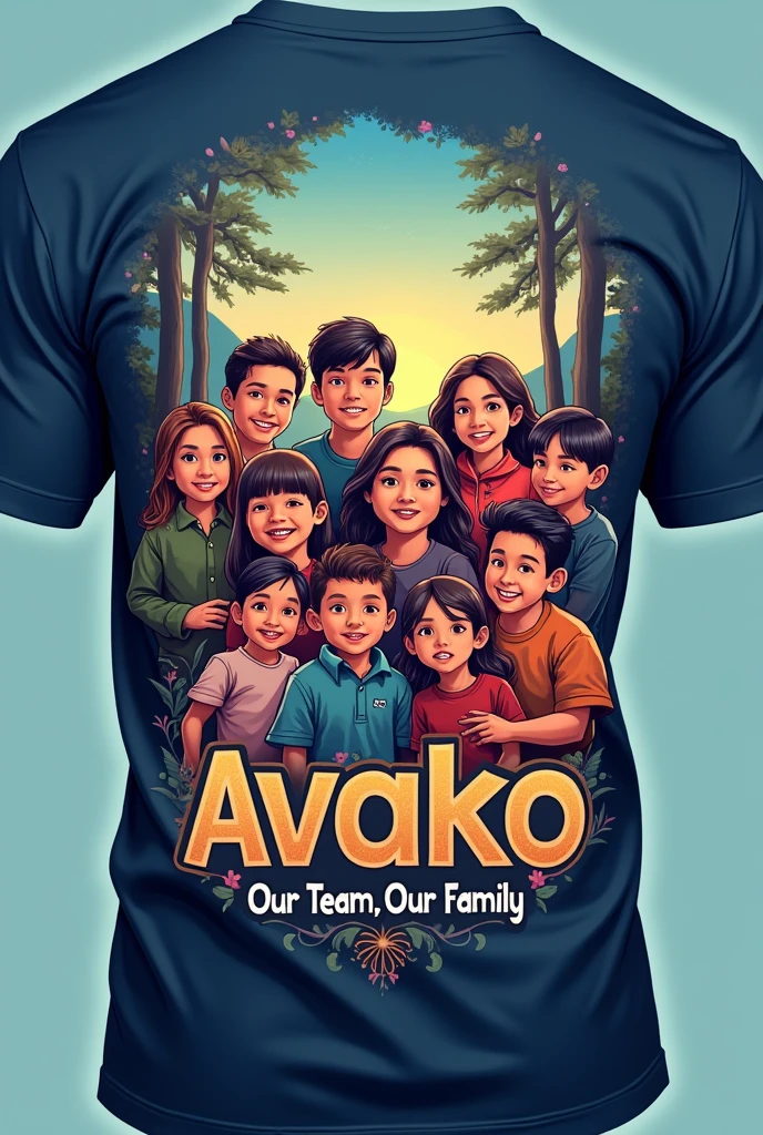 The cartoon Muslim mother, sister, brother , father, cousin, grandmother , son photoshoot wearing baby blue hawai tshirt  holding the  banner 'Anok Cucu Tok Mek '
