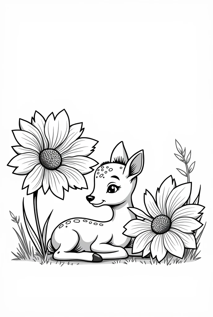 A cute coloring book of a baby deer resting between two large flowers ...