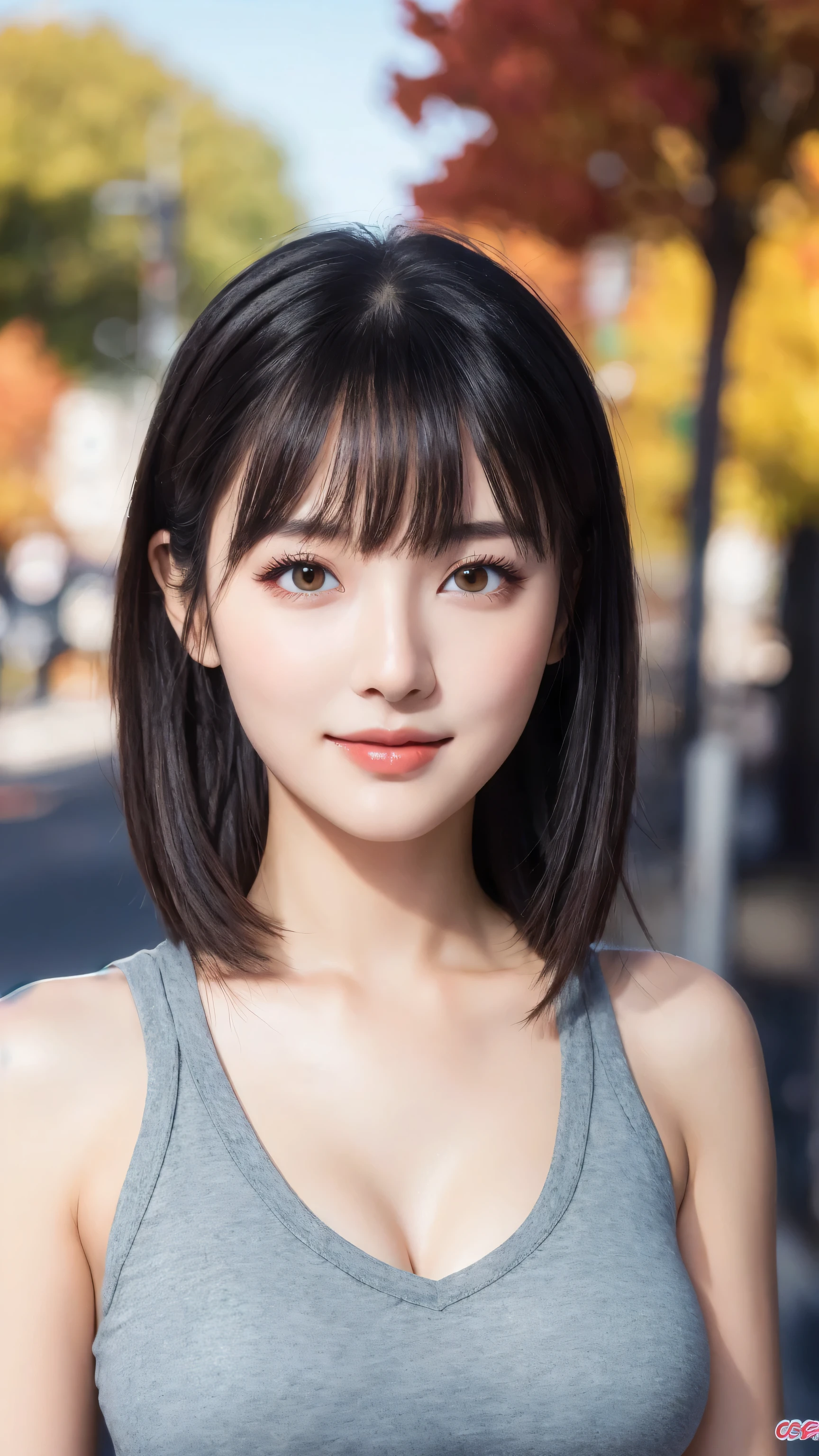 The 8k quality、Top image quality、超A high resolution、masterpiece、Photorealsitic、Raw photography、超A high resolution、21-year-old Korean、small tits、Dynamic angles、Cowboy Shots、smil、Laugh、The most beautiful forms chaos、elegent、Brutalist design、Vibrant colors、a short bob、smil、shiny white skin、Beautiful eyes with random colors、very thin lips、Beautiful eyes in every detail、Beautiful double eyelids、light chestnut hair、a park、Daytime outdoor、Overall、Black crop top、parka、hotpants、Shot diagonally from above、