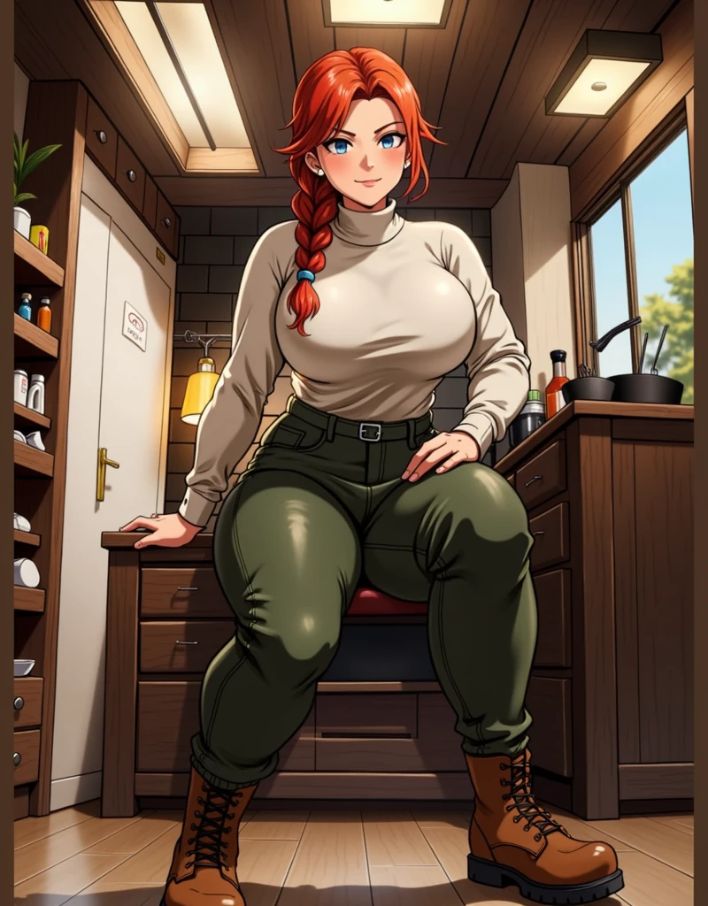 (best quality,4k,8k,highres,masterpiece:1.2),ultra-detailed,realistic:1.37,portrait, very sexy   girl lesbian redhead, braided hair, beautiful green eye, seductive, warm sweater, camouflage pants, army boots, smirking, cozy lighting, vibrant colors. Futanari, lewd,    night, crotesc ,  erotic dance, hants to  
