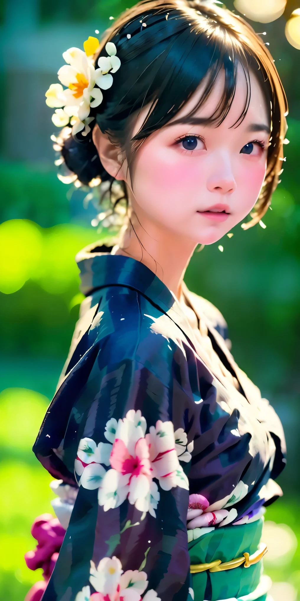 (masterpiece, Best Quality:1.4), Beautiful Face, 8k, 85mm, Absurd, (Floral Yukata:1.4), Face close-up, violet, Gardenia, Delicate girl, Alone, night, View your audience, Upper Body, Film Grain, chromatic aberration, Sharp focus, Face Light, Professional Lighting, Sophisticated, (smile:0.4), (Simple Background, Bokeh Background:1.2), Detailed aspects, (Upper Bodyは裸:1.5), (night空:1.5), (firework:1.5)