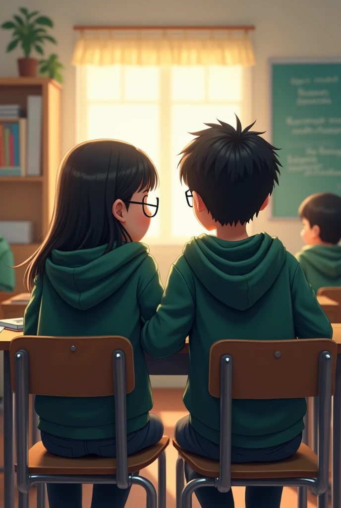 1 girl and 1 boy site in class room on the bench and face front side and give me pic back side